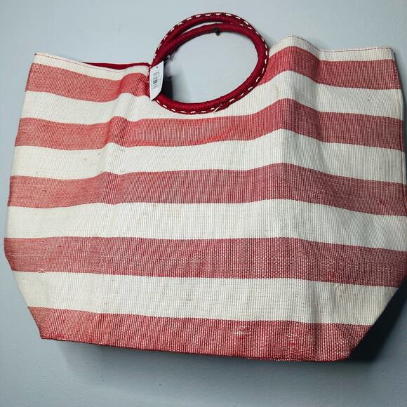 NWT CRABTREE & EVELYN Red White Striped Wrapped Circular Handles Beach Tote - Picture 2 of 9
